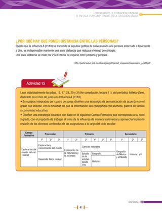CURSO BÁSICO DE FORMACIÓN CONTINUA
                                                               EL ENFOQUE POR COMPETENCIAS EN LA EDUCACIÓN BÁSICA




¿POR QUÉ HAY QUE PONER DISTANCIA ENTRE LAS PERSONAS?
Puesto que la influenza A (H1N1) se transmite al expulsar gotitas de saliva cuando una persona estornuda o tose frente
a otra, es indispensable mantener una sana distancia que reduzca el riesgo de contagio.
Una sana distancia se mide por 2 a 3 brazos de espacio entre persona y persona.

                                                             http://portal.salud.gob.mx/descargas/pdf/period_mexsano/mexicosano_jun09.pdf




          Actividad 15

    Lean individualmente las págs. 16, 17, 28, 29 y 31(Ver compilación, lectura 11), del periódico México Sano,
    dedicado en el mes de junio a la Influenza A (H1N1).
    • En equipos integrados por cuatro personas diseñen una estrategia de comunicación de acuerdo con el
    grado que atiende, con la finalidad de que la información sea compartida con alumnos, padres de familia
    y comunidad educativa.
    • Diseñen una estrategia didáctica con base en el siguiente Campo Formativo que corresponda a su nivel
    y grado, con el propósito de trabajar el tema de la influenza de manera transversal y aprovecharlo para la
    revisión de los diversos contenidos de las asignaturas a lo largo del ciclo escolar:

        Campo
                              Preescolar                                  Primaria                              Secundaria
       Formativo
                         1º        2º       3º       1º       2º          3º         4º     5º   6º        1º          2º         3º

                       Exploración y
                                                                      Ciencias naturales
                       conocimiento del mundo
     Exploración del                               Exploración de
     mundo natural                                                                                     Geografía
                                                   la naturaleza y    Estudio   Geografía
     y social                                                                                          de México    Historia I y II
                                                   la sociedad        de la                            y el Mundo
                       Desarrollo físico y salud                      entidad
                                                                      donde     Historia
                                                                      vivo




                                                                                                                    DGFCMS
                                                                     41
 