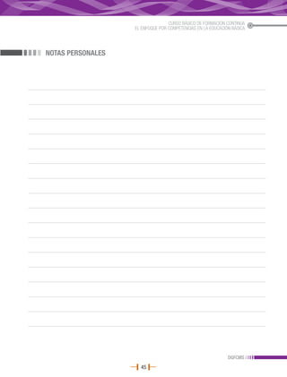 CURSO BÁSICO DE FORMACIÓN CONTINUA
                   EL ENFOQUE POR COMPETENCIAS EN LA EDUCACIÓN BÁSICA




NOTAS PERSONALES




                                                             DGFCMS
                     45
 