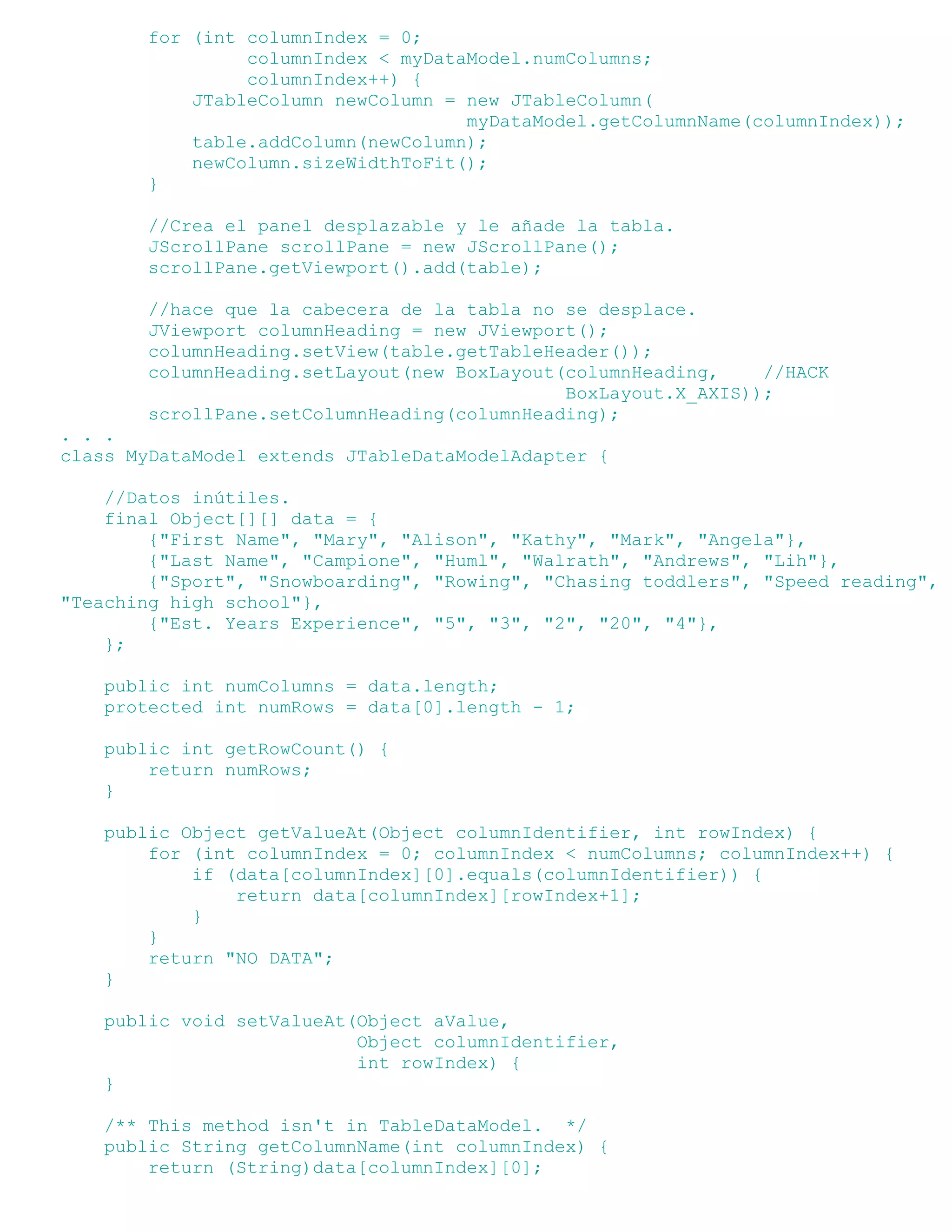 for (int columnIndex = 0;
                 columnIndex < myDataModel.numColumns;
                 columnIndex++) {
            JTableColumn newColumn = new JTableColumn(
                                     myDataModel.getColumnName(columnIndex));
            table.addColumn(newColumn);
            newColumn.sizeWidthToFit();
        }

        //Crea el panel desplazable y le añade la tabla.
        JScrollPane scrollPane = new JScrollPane();
        scrollPane.getViewport().add(table);

        //hace que la cabecera de la tabla no se desplace.
        JViewport columnHeading = new JViewport();
        columnHeading.setView(table.getTableHeader());
        columnHeading.setLayout(new BoxLayout(columnHeading,    //HACK
                                              BoxLayout.X_AXIS));
        scrollPane.setColumnHeading(columnHeading);
. . .
class MyDataModel extends JTableDataModelAdapter {

    //Datos inútiles.
    final Object[][] data = {
        {"First Name", "Mary", "Alison", "Kathy", "Mark", "Angela"},
        {"Last Name", "Campione", "Huml", "Walrath", "Andrews", "Lih"},
        {"Sport", "Snowboarding", "Rowing", "Chasing toddlers", "Speed reading",
"Teaching high school"},
        {"Est. Years Experience", "5", "3", "2", "20", "4"},
    };

    public int numColumns = data.length;
    protected int numRows = data[0].length - 1;

    public int getRowCount() {
        return numRows;
    }

    public Object getValueAt(Object columnIdentifier, int rowIndex) {
        for (int columnIndex = 0; columnIndex < numColumns; columnIndex++) {
            if (data[columnIndex][0].equals(columnIdentifier)) {
                return data[columnIndex][rowIndex+1];
            }
        }
        return "NO DATA";
    }

    public void setValueAt(Object aValue,
                           Object columnIdentifier,
                           int rowIndex) {
    }

    /** This method isn't in TableDataModel. */
    public String getColumnName(int columnIndex) {
        return (String)data[columnIndex][0];
 