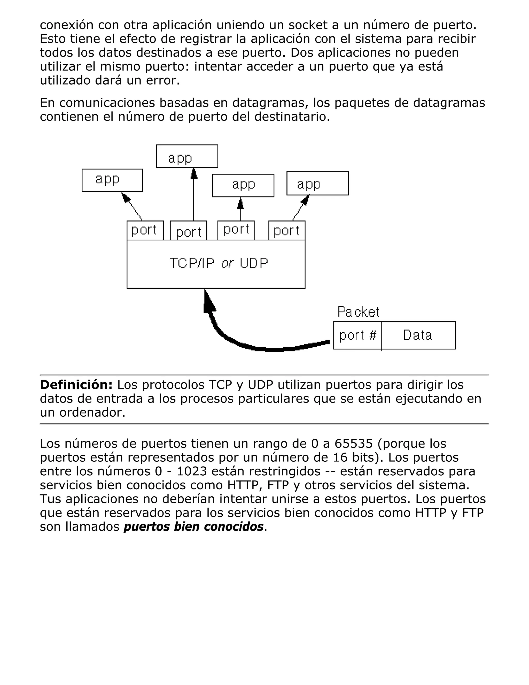 conexión con otra aplicación uniendo un socket a un número de puerto.
Esto tiene el efecto de registrar la aplicación con el sistema para recibir
todos los datos destinados a ese puerto. Dos aplicaciones no pueden
utilizar el mismo puerto: intentar acceder a un puerto que ya está
utilizado dará un error.
En comunicaciones basadas en datagramas, los paquetes de datagramas
contienen el número de puerto del destinatario.




Definición: Los protocolos TCP y UDP utilizan puertos para dirigir los
datos de entrada a los procesos particulares que se están ejecutando en
un ordenador.

Los números de puertos tienen un rango de 0 a 65535 (porque los
puertos están representados por un número de 16 bits). Los puertos
entre los números 0 - 1023 están restringidos -- están reservados para
servicios bien conocidos como HTTP, FTP y otros servicios del sistema.
Tus aplicaciones no deberían intentar unirse a estos puertos. Los puertos
que están reservados para los servicios bien conocidos como HTTP y FTP
son llamados puertos bien conocidos.
 