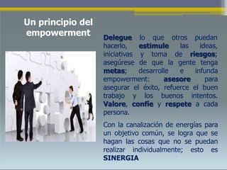 Un principio del
empowerment Delegue lo que otros puedan
hacerlo, estimule
iniciativas y toma
las ideas,
de riesgos;
asegúrese de que la gente tenga
metas; desarrolle e infunda
empowerment: asesore para
asegurar el éxito, refuerce el buen
trabajo y los buenos intentos.
Valore, confíe y respete a cada
persona.
Con la canalización de energías para
un objetivo común, se logra que se
hagan las cosas que no se puedan
realizar individualmente; esto es
SINERGIA
 