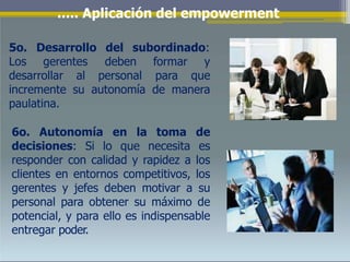 ..... Aplicación del empowerment
5o. Desarrollo del subordinado:
Los gerentes
desarrollar al personal
deben formar y
para que
incremente su autonomía de manera
paulatina.
6o. Autonomía en la toma de
decisiones: Si lo que necesita es
responder con calidad y rapidez a los
clientes en entornos competitivos, los
gerentes y jefes deben motivar a su
personal para obtener su máximo de
potencial, y para ello es indispensable
entregar poder.
 