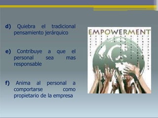 d) Quiebra el tradicional
pensamiento jerárquico
e) Contribuye a que el
personal sea mas
responsable
f) Anima al personal a
comportarse como
propietario de la empresa
 