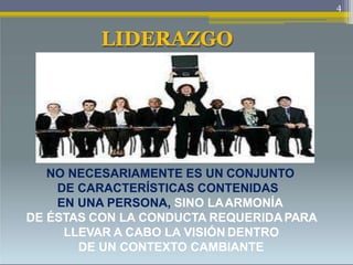 4
LIDERAZGO
NO NECESARIAMENTE ES UN CONJUNTO
DE CARACTERÍSTICAS CONTENIDAS
EN UNA PERSONA, SINO LAARMONÍA
DE ÉSTAS CON LA CONDUCTA REQUERIDAPARA
LLEVAR A CABO LA VISIÓN DENTRO
DE UN CONTEXTO CAMBIANTE
 