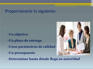 Proporcionarle lo siguiente:
•
-Un objetivo
-Un plazo de entrega
-Unos parámetros de calidad
-Un presupuesto
-Determinar hasta dónde llega su autoridad
 