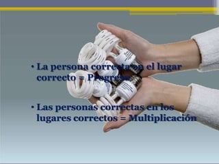 • La persona correcta en el lugar
correcto = Progreso
• Las personas correctas en los
lugares correctos = Multiplicación
 