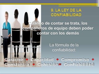 Cuando de contar se trata, los
compañeros de equipo deben poder
contar con los demás
La fórmula de la
confiabilidad:
Carácter + Capacidad + Compromiso +
Constancia + Cohesión= Confiabilidad
 