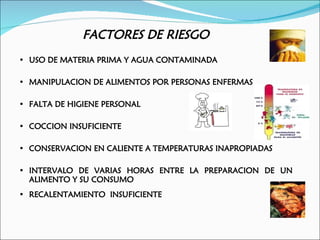 FACTORES DE RIESGO
• USO DE MATERIA PRIMA Y AGUA CONTAMINADA

• MANIPULACION DE ALIMENTOS POR PERSONAS ENFERMAS

• FALTA DE HIGIENE PERSONAL

• COCCION INSUFICIENTE

• CONSERVACION EN CALIENTE A TEMPERATURAS INAPROPIADAS

• INTERVALO DE VARIAS HORAS ENTRE LA PREPARACION DE UN
  ALIMENTO Y SU CONSUMO
• RECALENTAMIENTO INSUFICIENTE
 