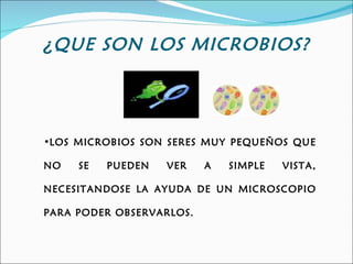 ¿QUE SON LOS MICROBIOS?




•LOS MICROBIOS SON SERES MUY PEQUEÑOS QUE

NO   SE   PUEDEN   VER    A   SIMPLE   VISTA,

NECESITANDOSE LA AYUDA DE UN MICROSCOPIO

PARA PODER OBSERVARLOS.
 