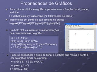 Propriedades de GráficosPropriedades de Gráficos
Para colocar rótulos em gráficos podePara colocar rótulos em gráficos pode--se usar a função xlabel, ylabel,se usar a função xlabel, ylabel,
and titleand title
>> xlabel(‘eixo x'); ylabel(‘eixo y'); title(‘pontos no plano')>> xlabel(‘eixo x'); ylabel(‘eixo y'); title(‘pontos no plano')( ); y ( y ); ( p p )( ); y ( y ); ( p p )
Inserir texto em ponto de sua escolha no gráficoInserir texto em ponto de sua escolha no gráfico
>>gtext('P1');gtext('P2');gtext('P3');gtext('P4')>>gtext('P1');gtext('P2');gtext('P3');gtext('P4')
Em help plot visualizaEm help plot visualiza--se as especificaçõesse as especificações
das características do gráficodas características do gráfico
>> t = 0:.1:2*pi;
plot(t,sin(t),t,sin(1.05*t))
>> gtext('frequency = 1');gtext('frequency
PodePode--se especificar o estilo de linha o símbolo que marca o ponto ese especificar o estilo de linha o símbolo que marca o ponto e
g ( q y ) g ( q y
= 1.05');axis([0 max(t) -1 1])
PodePode--se especificar o estilo de linha, o símbolo que marca o ponto ese especificar o estilo de linha, o símbolo que marca o ponto e
cor do gráfico ainda pelo prompt.cor do gráfico ainda pelo prompt.
>> x=[4 5 6; 1 2 3]; y=(x.^2)>> x=[4 5 6; 1 2 3]; y=(x.^2)
l t( 'l t( ' ')')>> plot(x,y,'>> plot(x,y,'--.or').or')
>> plot(x,y,'>> plot(x,y,'--hk')hk')
 