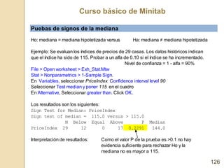 Curso básico de Minitab
126
Puebas de signos de la mediana
Ho: mediana = mediana hipotetizada versus Ha: mediana ≠ mediana...