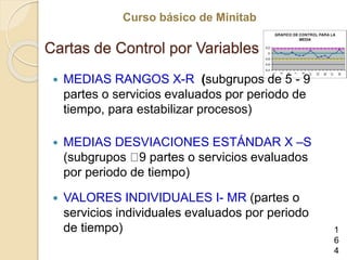 Curso básico de Minitab
Cartas de Control por Variables
 MEDIAS RANGOS X-R (subgrupos de 5 - 9
partes o servicios evaluad...