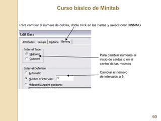Curso básico de Minitab
60
Para cambiar el número de celdas, doble click en las barras y seleccionar BINNING
Para cambiar ...