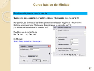 Curso básico de Minitab
Curso básico de Minitab
92
Prueba de hipótesis para la media
Cuando no se conoce la desviación est...
