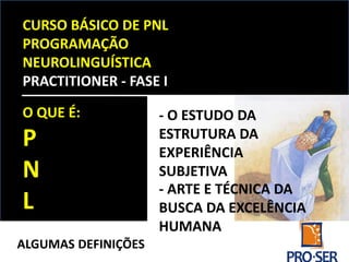 CURSO BÁSICO DE PNL
PROGRAMAÇÃO
NEUROLINGUÍSTICA
PRACTITIONER - FASE I
O QUE É:
P
N
L
ALGUMAS DEFINIÇÕES
- ARTE E TÉCNICA DA
BUSCA DA EXCELÊNCIA
HUMANA
- O ESTUDO DA
ESTRUTURA DA
EXPERIÊNCIA
SUBJETIVA
 
