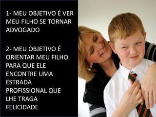 1- MEU OBJETIVO É VER
MEU FILHO SE TORNAR
ADVOGADO
2- MEU OBJETIVO É
ORIENTAR MEU FILHO
PARA QUE ELE
ENCONTRE UMA
ESTRADA
PROFISSIONAL QUE
LHE TRAGA
FELICIDADE
 