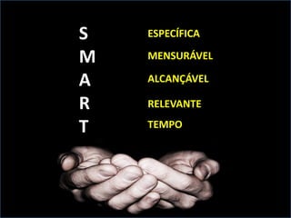 S
M
A
R
T
ESPECÍFICA
MENSURÁVEL
ALCANÇÁVEL
RELEVANTE
TEMPO
 