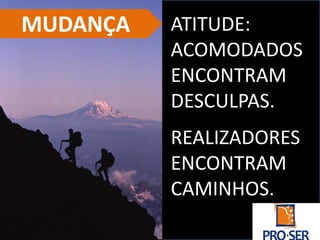 ATITUDE:
ACOMODADOS
ENCONTRAM
DESCULPAS.
REALIZADORES
ENCONTRAM
CAMINHOS.
MUDANÇA
 