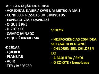 -APRESENTAÇÃO DO CURSO
- ACREDITAR E AGIR / CAVE UM METRO A MAIS
- CONHECER PESSOAS EM 5 MINUTOS
- EXPECTATIVAS E DÁVIDAS?
- O QUE É PNL
- HISTÓRICO
- CAMPO MINADO
- O QUE É PROBLEMA
-DESEJAR
- QUERER
- PLANEJAR
- AGIR
- TER / MERECER
VIDEOS:
- NEUROCIÊNCIAS COM DRA
SUZANA HERCULANO
- CHILDREN SEE, CHILDREN
DO
- A PAQUERA / SKOL
- O COIOTE / beep-beep
 