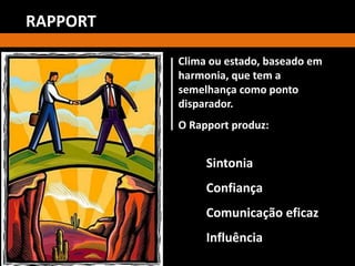 Clima ou estado, baseado em
harmonia, que tem a
semelhança como ponto
disparador.
O Rapport produz:
Sintonia
Confiança
Comunicação eficaz
Influência
RAPPORT
 