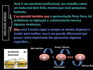 Mas você é muito capaz e sempre se mostra disposto a
mudar para melhor. Isso é um grande diferencial que
possui. Acho importante lhe apresentar algumas
sugestões...
+ +-E MAS
Não interfere
Anula / Atenua
Acrescenta
Reforça Des
Sanduíche de
feed-back
E eu percebi também que a apresentação ficou fraca, há
problemas na digitação e esteticamente merece
algumas mudanças.
Você é um excelente profissional, seu trabalho como
um todo está bem feito, mostra que você pesquisou
bastante.
MELHORAINDA:
 