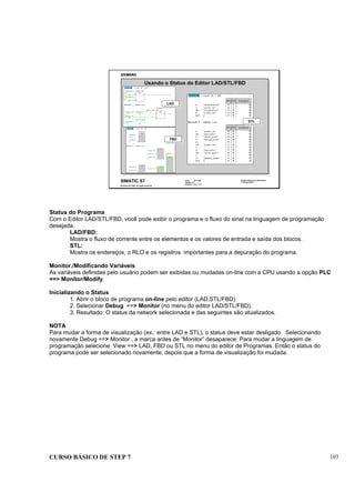 CURSO BÁSICO DE STEP 7 103
Data: 07/11/00
Versão: 3.1
Arquivo: pro1_11.2
SIMATIC S7
Siemens AG 1995. All rights reserved.
Conhecimento em Automação
Training Center
Usando o Status do Editor LAD/STL/FBD
LADLAD
FBD
FBD
STL
STL
Status do Programa
Com o Editor LAD/STL/FBD, você pode exibir o programa e o fluxo do sinal na linguagem de programação
desejada.
LAD/FBD:
Mostra o fluxo de corrente entre os elementos e os valores de entrada e saída dos blocos.
STL:
Mostra os endereços, o RLO e os registros importantes para a depuração do programa.
Monitor./Modificando Variáveis
As variáveis definidas pelo usuário podem ser exibidas ou mudadas on-line com a CPU usando a opção PLC
==> Monitor/Modify.
Inicializando o Status
1. Abrir o bloco de programa on-line pelo editor (LAD,STL/FBD).
2. Selecionar Debug ==> Monitor (no menu do editor LAD/STL/FBD).
3. Resultado: O status da network selecionada e das seguintes são atualizados.
NOTA
Para mudar a forma de visualização (ex.: entre LAD e STL), o status deve estar desligado. Selecionando
novamente Debug ==> Monitor , a marca antes de “Monitor” desaparece. Para mudar a linguagem de
programação selecione View ==> LAD, FBD ou STL no menu do editor de Programas. Então o status do
programa pode ser selecionado novamente, depois que a forma de visualização foi mudada.
 
