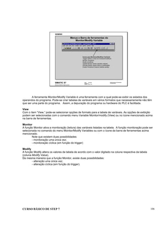CURSO BÁSICO DE STEP 7 106
Data: 07/11/00
Versão: 3.1
Arquivo: pro1_11.5
SIMATIC S7
Siemens AG 1995. All rights reserved.
Conhecimento em Automação
Training Center
Ícones para Monitorar/Modificar Variáveis
Trigger (define o modo de monitorar/modificar)
Monitor (monitora)
Modify (modifica)
Update Monitor Values (atualiza valores)
Activate Modify Values (ativa a modificação)
Enable Peripheral Outputs (habilita saídas)
Menus e Barra de ferramentas do
Monitor/Modify Variable
A ferramenta Monitor/Modify Variable é uma ferramenta com a qual pode-se exibir os estados dos
operandos do programa. Pode-se criar tabelas de variáveis em vários formatos que necessariamente não têm
que ser uma parte do programa. Assim, a depuração do programa ou hardware do PLC é facilitada.
View
Com o ítem “View,” pode-se selecionar opções de formato para a tabela de variáveis. As opções de exibição
podem ser selecionadas com o comando menu Variable Monitor/modify (View) ou no ícone mencionado acima
na barra de ferramentas.
Monitor
A função Monitor ativa a monitoração (leitura) das variáveis listadas na tabela. A função monitoração pode ser
selecionada no comando do menu Monitor/Modify Variables ou com o ícone da barra de ferramentas acima
mencionado.
Note que existem duas possibilidades:
- monitoração uma única vez;
- monitoração cíclica (em função do trigger)
Modify
A função Modify altera os valores da tabela de acordo com o valor digitado na coluna respectiva da tabela
(coluna Modify Value).
Da mesma maneira que a função Monitor, existe duas possibilidades:
- alteração uma única vez;
- alteração cíclica (em função do trigger).
 