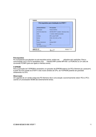 CURSO BÁSICO DE STEP 7 11
Data : 07/10/00
Versão : 3.1
Arquivo : pro1_2.3
SIMATIC S7
Siemens AG 1996. All rights reserved.
Conhecimento em Automação
Training Center
Hardware/Software Pré-requisitos
Processador Pentium 200 MHz
Hard drive (disponível) 400 MB (STEP 7+ projetos + área arqs. temp.)
RAM >= 32 MB, 128 MB recomendado
Interface MPI ou cabo PC/MPI
Monitor SVGA, VGA ,EGA, ou TIGA
Mouse Sim
Sistema Operacional Windows 95/NT
CD-ROM Sim
MPI = Multipoint Interface
Pré-requisitos para Instalação do STEP 7
Pré-requisitos
PC-Compatíveis que atendam os pré-requisitos acima, podem ser utilizados sem restrições. Para a
comunicação com o CLP é necessário uma interface MPI (cartão MPI-ISA ou PCMCIA) ou um cabo de
conversão PC/MPI (para ser ligado à interface serial) .
F-EPROM
Para a gravação de F-EPROM é necessário um gravador de EPROM externo (os PG’s Siemens já o possuem).
A partir da nova versão do STEP7 e das novas versões de CPU, as F-EPROM poderão ser gravadas
diretamente na CPU.
Observação
Um upgrade de um versão antiga dos PG Siemens não é uma solução economicamente viável. PG’s e PC’s
usando um processador 80386 são extremamente lentos.
 