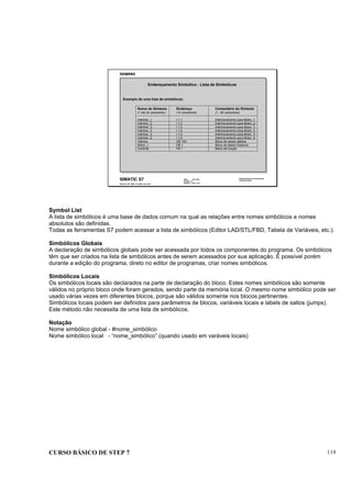 CURSO BÁSICO DE STEP 7 119
Data: 07/11/00
Versão: 3.1
Arquivo: pro1_13.4
SIMATIC S7
Siemens AG 1995. All rights reserved.
Conhecimento em Automação
Training Center
Endereçamento Simbólico - Lista de Simbólicos
Exemplo de uma lista de simbólicos:
Nome do Símbolo Endereço Comentário do Símbolo
(1 até 24 caracteres) (14 caracteres) (1...80 caracteres)
Intertrav_1 I 1.1 Intertravamento para Motor_1
Intertrav_2 I 1.2 Intertravamento para Motor_2
Intertrav_3 I 1.3 Intertravamento para Motor_3
Intertrav_4 I 1.4 Intertravamento para Motor_4
Intertrav_5 I 1.5 Intertravamento para Motor_5
Intertrav_6 I 1.6 Intertravamento para Motor_6
Valores DB 100 Bloco de dados globais
Motor_1 DB 1 Bloco de dados Instance
Controle FB 1 Bloco de função
Symbol List
A lista de simbólicos é uma base de dados comum na qual as relações entre nomes simbólicos e nomes
absolutos são definidas.
Todas as ferramentas S7 podem acessar a lista de simbólicos (Editor LAD/STL/FBD, Tabela de Variáveis, etc.).
Simbólicos Globais
A declaração de simbólicos globais pode ser acessada por todos os componentes do programa. Os simbólicos
têm que ser criados na lista de simbólicos antes de serem acessados por sua aplicação. É possível porém
durante a edição do programa, direto no editor de programas, criar nomes simbólicos.
Simbólicos Locais
Os simbólicos locais são declarados na parte de declaração do bloco. Estes nomes simbólicos são somente
válidos no próprio bloco onde foram gerados, sendo parte da memória local. O mesmo nome simbólico pode ser
usado várias vezes em diferentes blocos, porque são válidos somente nos blocos pertinentes.
Simbólicos locais podem ser definidos para parâmetros de blocos, variáveis locais e labels de saltos (jumps).
Este método não necessita de uma lista de simbólicos.
Notação
Nome simbólico global - #nome_simbólico
Nome simbólico local - “nome_simbólico” (quando usado em varáveis locais)
 