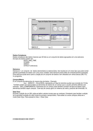 CURSO BÁSICO DE STEP 7 133
Data: 07/11/00
Versão: 3.1
Arquivo: pro1_14.7
SIMATIC S7
Siemens AG 1995. All rights reserved.
Conhecimento em Automação
Training Center
Tipos de Dados Estruturados e Campos
Estrutura: Campo:
COMPONENTES
GEOMÉTRICOS
Dados Complexos
Dados complexos são dados maiores que 32 bits ou um conjunto de dados agrupados em uma estrutura.
Os tipos de dados podem ser:
DATE_AND_TIME
STRING
ARRAY
STRUCT (estrutura)
Estrutura
Estrutura é um conjunto de dados elementares ou estruturados. Isto resulta em um único tipo que pode conter
grande quantidade de dados com uma única unidade. Esta estrutura pode então ser simbolicamente acessada.
Uma estrutura pode servir para a criação de um conjunto de dados a ser utilizados em vários blocos (DB, FC)
no programa.
Campos/Matriz
É um conjunto de elementos do mesmo tipo de dados. Exemplo:
Aux: ARRAY[1...10] de BOOL;representa um flag de memória auxiliar que consiste de 10 bits.
Também podem ser estruturados os elementos de dados de um campo que o usuário já tenha definido.(ver
exemplo: GEO_COMPONENTS). Elementos de um campo pode também consistir de tipos de dados cujos
elementos também sejam campos. Este tipo de campo gera um sistema de matriz, possível até dimensão 16.
Data View
Durante a edição de um DB, pode-se definir valores iniciais para as variáveis. Entretanto para facilitar a edição
só é permitido a edição do valor inicial do primeiro campo/matriz. Para editar os outros campos utiliza-se o
modo Data View. Para acessá-lo View -> Data View.
 