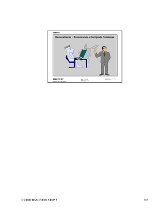 CURSO BÁSICO DE STEP 7 165
Data: 07/11/00
Versão: 3.1
Arquivo: pro1_17.10
SIMATIC S7
Siemens AG 1995. All rights reserved.
Conhecimento em Automação
Training Center
Demonstração : Encontrando e Corrigindo Problemas
 