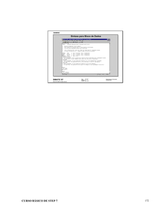 CURSO BÁSICO DE STEP 7 172
Data: 07/11/00
Versão: 3.1
Arquivo: pro1_18.6
SIMATIC S7
Siemens AG 1995. All rights reserved.
Conhecimento em Automação
Training Center
Sintaxe para Bloco de Dados
 