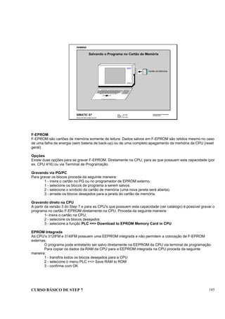 CURSO BÁSICO DE STEP 7 185
Data: 07/11/00
Versão: 3.1
Arquivo: pro1_19.9
SIMATIC S7
Siemens AG 1995. All rights reserved.
Conhecimento em Automação
Training Center
Salvando o Programa no Cartão de Memória
Cartão de Memória
PG 740
SIEMENS
F-EPROM
F-EPROM são cartões de memória somente de leitura. Dados salvos em F-EPROM são retidos mesmo no caso
de uma falha de energia (sem bateria de back-up) ou de uma completo apagamento da memória da CPU (reset
geral).
Opções
Existe duas opções para se gravar F-EPROM. Diretamente na CPU, para as que possuem esta capacidade (por
ex. CPU 416) ou via Terminal de Programação.
Gravando via PG/PC
Para gravar os blocos proceda da seguinte maneira:
1 - insira o cartão no PG ou no programador de EPROM externo.
1 - selecione os blocos de programa a serem salvos.
2 - selecione o símbolo do cartão de memória (uma nova janela será aberta).
3 - arraste os blocos desejados para a janela do cartão de memória.
Gravando direto na CPU
A partir da versão 3 do Step 7 e para as CPU’s que possuem esta capacidade (ver catálogo) é possível gravar o
programa no cartão F-EPROM diretamente na CPU. Proceda da seguinte maneira:
1- insira o cartão na CPU;
2 - selecione os blocos desejados
3 - selecione a função PLC ==> Download to EPROM Memory Card in CPU
EPROM Integrada
As CPU’s 312IFM e 314IFM possuem uma EEPROM integrada e não permitem a colocação de F-EPROM
externas.
O programa pode entretanto ser salvo diretamente na EEPROM da CPU via terminal de programação.
Para copiar os dados da RAM da CPU para a EEPROM integrada na CPU proceda da seguinte
maneira:
1 - transfira todos os blocos desejados para a CPU
2 - selecione o menu PLC ==> Save RAM to ROM
3 - confirme com OK
 
