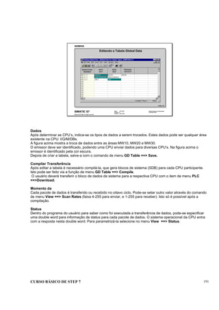 CURSO BÁSICO DE STEP 7 191
Data: 07/11/00
Versão: 3.1
Arquivo: pro1_20.5
SIMATIC S7
Siemens AG 1995. All rights reserved.
Conhecimento em Automação
Training Center
Editando a Tabela Global Data
KOMM_T2D
Dados
Após determinar as CPU’s, indica-se os tipos de dados a serem trocados. Estes dados pode ser qualquer área
existente na CPU: I/Q/M/DBs.
A figura acima mostra a troca de dados entre as áreas MW10, MW20 e MW30.
O emissor deve ser identificado, podendo uma CPU enviar dados para diversas CPU’s. Na figura acima o
emissor é identificado pela cor escura.
Depois de criar a tabela, salve-a com o comando de menu GD Table ==> Save.
Compilar Transferência
Após editar a tabela é necessário compilá-la, que gera blocos de sistema (SDB) para cada CPU participante.
Isto pode ser feito via a função de menu GD Table ==> Compile.
O usuário deverá transferir o bloco de dados de sistema para a respectiva CPU com o item de menu PLC
==>Download.
Momento da
Cada pacote de dados é transferido ou recebido no oitavo ciclo. Pode-se setar outro valor através do comando
de menu View ==> Scan Rates (faixa 4-255 para enviar, e 1-255 para receber). Isto só é possível após a
compilação.
Status
Dentro do programa do usuário para saber como foi executada a transferência de dados, pode-se especificar
uma double word para informação de status para cada pacote de dados. O sistema operacional da CPU entra
com a resposta nesta double word. Para parametrizá-la selecione no menu View ==> Status.
 