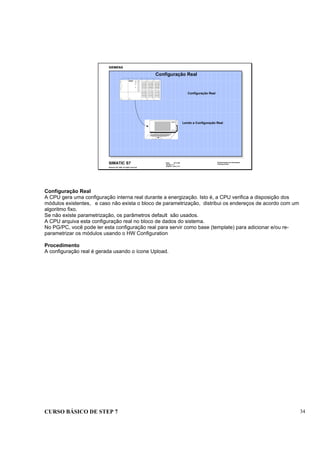 CURSO BÁSICO DE STEP 7 34
Data: 07/11/00
Versão: 3.1
Arquivo.: pro1_5.4
SIMATIC S7
Siemens AG 1995. All rights reserved.
Conhecimento em Automação
Training Center
Configuração Real
Configuração Real
Lendo a Configuração Real
PG 720
Configuração Real
A CPU gera uma configuração interna real durante a energização. Isto é, a CPU verifica a disposição dos
módulos existentes, e caso não exista o bloco de parametrização, distribui os endereços de acordo com um
algoritmo fixo.
Se não existe parametrização, os parâmetros default são usados.
A CPU arquiva esta configuração real no bloco de dados do sistema.
No PG/PC, você pode ler esta configuração real para servir como base (template) para adicionar e/ou re-
parametrizar os módulos usando o HW Configuration
Procedimento
A configuração real é gerada usando o ícone Upload.
 