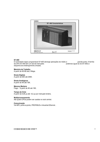 CURSO BÁSICO DE STEP 7 5
Date : 07/10/00
Version : 3.1
File No. : pro1_1.5
SIMATIC S7
Siemens AG 1996. All rights reserved.
Conhecimento em Automação
Training Center
S7- 400 Características
S7-400
O controlador lógico programável S7-400 abrange aplicações de médio e grande porte. A família
da CPU S7-400 tem um set de instruções poderoso (igual ao do S7-300) e
esquema de endereçamento simples.
Memória de Trabalho
A partir de 48 KB até 2 Mega.
Sinais Digitais
A partir de 64K até 256K.
Sinais Analógicos
A partir de 4K até 16K.
Memory Markers
Flags - A partir de 4K até 16K.
Tempo de Ciclo
A partir de 0,08 µs até 0,2 µs por instrução binária.
Multiprocessamento
Até quatro CPUs podem ser usadas no rack central.
Comunicação
Via MPI, ponto-a-ponto, PROFIBUS e Industrial Ethernet .
 