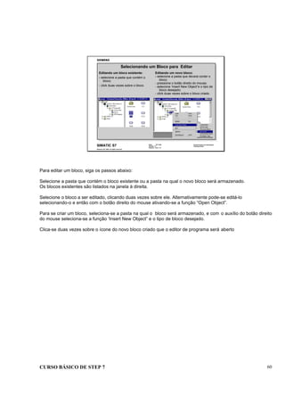 CURSO BÁSICO DE STEP 7 60
Data: 07/11/00
Versão: 3.1
Arquivo: pro1_7.2
SIMATIC S7
Siemens AG 1995. All rights reserved.
Conhecimento em Automação
Training Center
Selecionando um Bloco para Editar
Editando um bloco existente:
- selecione a pasta que contém o
bloco;
- click duas vezes sobre o bloco.
Editando um novo bloco:
- selecione a pasta que deverá conter o
bloco;
- pressione o botão direito do mouse;
- selecione ‘Insert New Object”e o tipo de
bloco desejado;
- click duas vezes sobre o bloco criado.
Para editar um bloco, siga os passos abaixo:
Selecione a pasta que contém o bloco existente ou a pasta na qual o novo bloco será armazenado.
Os blocos existentes são listados na janela à direita.
Selecione o bloco a ser editado, clicando duas vezes sobre ele. Alternativamente pode-se editá-lo
selecionando-o e então com o botão direito do mouse ativando-se a função “Open Object”.
Para se criar um bloco, seleciona-se a pasta na qual o bloco será armazenado, e com o auxílio do botão direito
do mouse seleciona-se a função ‘Insert New Object” e o tipo de bloco desejado.
Clica-se duas vezes sobre o ícone do novo bloco criado que o editor de programa será aberto
 