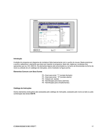 CURSO BÁSICO DE STEP 7 63
Data: 07/11/00
Versão: 3.1
Arquivo: pro1_7.5
SIMATIC S7
Siemens AG 1995. All rights reserved.
Conhecimento em Automação
Training Center
Editando em Diagrama de Contatos - LAD
Introdução
A edição do programa em diagrama de contatos é feita basicamente com o auxílio do mouse. Basta posicionar
o ponto e selecionar o elemento que deve ser inserido no programa. Após isto, digita-se o endereço dos
operandos (por ex. I0.0, M43.5). Os elementos lógicos são encontrados ou na barra de ferramentas na forma de
ícone ou através de um catálogo de instruções, como mostrado na figura acima.
Elementos Comuns com Seus Ícones
F2 - Scan para sinal "1" (contato fechado)
F3 - Scan para sinal "0" (contato aberto)
F4 - Output coil (saída)
F8 - Ramificação para baixo (abrindo)
F9 - Ramificação para cima(fechando)
Catálogo de Instruções
Outros elementos (instruções) são acessadas pelo catálogo de instruções, acessado pelo ícone ao lado ou pela
combinação das teclas Ctlr+K
 