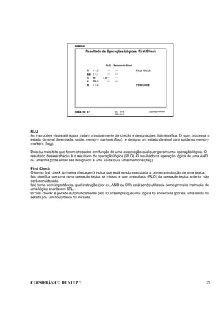 CURSO BÁSICO DE STEP 7 75
Data: 07/11/00
Versão: 3.1
Arquivo: pro1_8.4
SIMATIC S7
Siemens AG 1995. All rights reserved.
Conhecimento em Automação
Training Center
Resultado de Operações Lógicas, First Check
A I 1.0 First Check
AN I 1.1
A M 4.0
= Q8.0
A I 2.0 First Check
RLO Estado do Sinal
.... ....
.... ....
.... ....
.... ....
RLO
As instruções vistas até agora tratam principalmente de checks e designações. Isto significa: O scan processa o
estado do sinal de entrada, saída, memory markers (flag), e designa um estado de sinal para saída ou memory
markers (flag).
Dois ou mais bits que forem checados em função de uma associação qualquer geram uma operação lógica. O
resultado desses checks é o resultado da operação lógica (RLO). O resultado da operação lógica de uma AND
ou uma OR pode então ser designado a uma saída ou a uma memória (flag).
First Check
O termo first check (primeira checagem) indica que está sendo executada a primeira instrução de uma lógica.
Isto significa que uma nova operação lógica se iniciou, e que o resultado (RLO) da operação lógica anterior não
será considerado.
Isto torna sem importância, qual instrução (por ex. AND ou OR) está sendo utilizada como primeira instrução de
uma lógica escrita em STL.
O “first check” é gerado automaticamente pelo CLP sempre que uma lógica foi encerrada (por ex. uma saída foi
setada) ou um novo bloco foi iniciado.
 