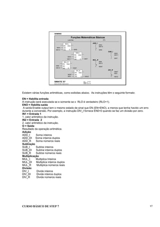 CURSO BÁSICO DE STEP 7 97
Data: 07/11/00
Versão: 3.1
Arquivo: pro1_10.5
SIMATIC S7
Siemens AG 1995. All rights reserved.
Funções Matemáticas Básicas
MW10
STL
ADD_I
IN2
EN ENO
O
IN1MW4
MW6
SUB_I
IN2
EN ENO
O
IN1MW5
MW11 MW7
MUL_R
IN2
EN ENO
O
IN1MD6
MD67
DIV_R
EN ENO
IN1MD67
ADD_I
L MW4
L MW10
+I
T MW6
MUL_R
L MD6
L MD12
*R
T MD67
SUB_I
L MW5
L MW11
-I
T MW7
DIV_R
L MD67
L MD3
/R
T MD33
LAD/FBD
MD12
MD3 IN2 O MD33
Existem várias funções aritméticas, como exibidas abaixo. As instruções têm o seguinte formato:
EN = Habilita entrada
A instrução será executada se e somente se o RLO é verdadeiro (RLO=1).
ENO = Habilita saída
A saída Enable output tem o mesmo estado de sinal que EN (EN=ENO), a menos que tenha havido um erro
durante a conversão. Por exemplo, a instrução DIV_I fornece EN0=0 quando se faz um divisão por zero.
IN1 = Entrada 1
1. valor aritmético da instrução.
IN2 = Entrada 2
2. valor aritmético da instrução.
O = Saída
Resultado da operação aritmética.
Adição
ADD_I Soma inteiros
ADD_DI Soma inteiros duplos
ADD_R Soma números reais
Subtração
SUB_I Subtrai inteiros
SUB_DI Subtrai inteiros duplos
SUB_R Subtrai números reais
Multiplicação
MUL_I Multiplica Inteiros
MUL_DI Multiplica inteiros duplos
MUL_R Multiplica números reais
Divisão
DIV_I Divide inteiros
DIV_DI Divide inteiros duplos
DIV_R Divide números reais
 