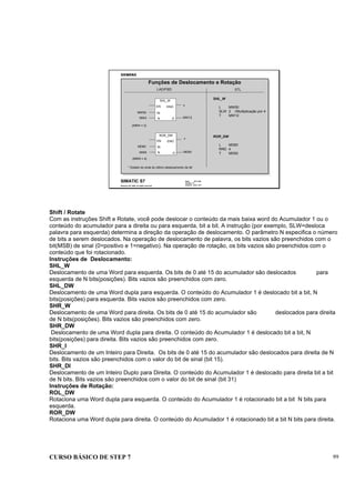 CURSO BÁSICO DE STEP 7 99
Data: 07/11/00
Versão: 3.1
Arquivo: pro1_10.7
SIMATIC S7
Siemens AG 1995. All rights reserved.
Funções de Deslocamento e Rotação
LAD/FBD STL
SHL_W
N
EN ENO
O
IN
ROR_DW
N
EN ENO
O
IN
MW50
MW4 MW12
(MW4 = 2)
MD60
MW6 MD50
(MW6 = 4)
SHL_W
L MW50
SLW 2 //Multiplicação por 4
T MW12
ROR_DW
L MD60
RRD 4
T MD50
*
*
* Estado do sinal do último deslocamento de bit
Shift / Rotate
Com as instruções Shift e Rotate, você pode deslocar o conteúdo da mais baixa word do Acumulador 1 ou o
conteúdo do acumulador para a direita ou para esquerda, bit a bit. A instrução (por exemplo, SLW=desloca
palavra para esquerda) determina a direção da operação de deslocamento. O parâmetro N especifica o número
de bits a serem deslocados. Na operação de deslocamento de palavra, os bits vazios são preenchidos com o
bit(MSB) de sinal (0=positivo e 1=negativo). Na operação de rotação, os bits vazios são preenchidos com o
conteúdo que foi rotacionado.
Instruções de Deslocamento:
SHL_W
Deslocamento de uma Word para esquerda. Os bits de 0 até 15 do acumulador são deslocados para
esquerda de N bits(posições). Bits vazios são preenchidos com zero.
SHL_DW
Deslocamento de uma Word dupla para esquerda. O conteúdo do Acumulador 1 é deslocado bit a bit, N
bits(posições) para esquerda. Bits vazios são preenchidos com zero.
SHR_W
Deslocamento de uma Word para direita. Os bits de 0 até 15 do acumulador são deslocados para direita
de N bits(posições). Bits vazios são preenchidos com zero.
SHR_DW
Deslocamento de uma Word dupla para direita. O conteúdo do Acumulador 1 é deslocado bit a bit, N
bits(posições) para direita. Bits vazios são preenchidos com zero.
SHR_I
Deslocamento de um Inteiro para Direita. Os bits de 0 até 15 do acumulador são deslocados para direita de N
bits. Bits vazios são preenchidos com o valor do bit de sinal (bit 15).
SHR_DI
Deslocamento de um Inteiro Duplo para Direita. O conteúdo do Acumulador 1 é deslocado para direita bit a bit
de N bits. Bits vazios são preenchidos com o valor do bit de sinal (bit 31)
Instruções de Rotação:
ROL_DW
Rotaciona uma Word dupla para esquerda. O conteúdo do Acumulador 1 é rotacionado bit a bit N bits para
esquerda.
ROR_DW
Rotaciona uma Word dupla para direita. O conteúdo do Acumulador 1 é rotacionado bit a bit N bits para direita.
 