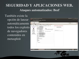 SEGURIDAD Y APLICACIONES WEB .  Ataques automatizados: Beef A continuación pulsando en zombies veremos la información con la que contamos sobre el equipo que controlamos 