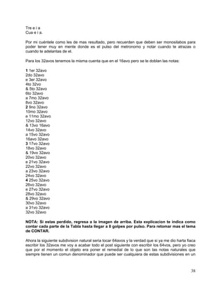 Tre e i a
Cua e i a.

Por mi cuéntele como les de mas resultado, pero recuerden que deben ser monosilabos para
poder tener muy en mente donde es el pulso del metronomo y notar cuando te atrazas o
cuando te adelantas de el.

Para los 32avos tenemos la misma cuenta que en el 16avo pero se le doblan las notas:

1 1er 32avo
2do 32avo
e 3er 32avo
4to 32vo
& 5to 32avo
6to 32avo
a 7mo 32avo
8vo 32avo
2 9no 32avo
10mo 32avo
e 11mo 32avo
12vo 32avo
& 13vo 16avo
14vo 32avo
a 15vo 32avo
16avo 32avo
3 17vo 32avo
18vo 32avo
& 19vo 32avo
20vo 32avo
e 21vo 32avo
22vo 32avo
a 23vo 32avo
24vo 32avo
4 25vo 32avo
26vo 32avo
e 27vo 32avo
28vo 32avo
& 29vo 32avo
30vo 32avo
a 31vo 32avo
32vo 32avo

NOTA: Si estas perdido, regresa a la imagen de arriba. Esta explicacion te indica como
contar cada parte de la Tabla hasta llegar a 8 golpes por pulso. Para retomar mas el tema
de CONTAR.

Ahora la siguiente subdivision natural seria tocar 64avos y la verdad que si ya me dio harta fiaca
escribir los 32avos me voy a acabar todo el post siguiente con escribir los 64vos, pero yo creo
que por el momento el objeto era poner el remedial de lo que son las notas naturales que
siempre tienen un comun denominador que puede ser cualquiera de estas subdivisiones en un



                                                                                               38
 