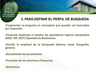 3. PASO:DEFINIR EL PERFIL DE BUSQUEDA
-Fragmentar la pregunta en conceptos que puedan ser buscados
por separado.
-Conectar mediante el empleo de operadores lógicos apropiados
(AND, OR, NOT) Operadores Booleanos.
-Decidir la amplitud de la búsqueda (Idioma, edad, Geografía,
genero)
-Sensibilidad de los términos
-Precisión de los términos (Tesauros)
-Sinónimos
 