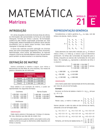 FRENTE
59
Editora Bernoulli
MÓDULO
MATEMÁTICA
INTRODUÇÃO
Em várias situações envolvendo diversas áreas da ciência,
as informações são apresentadas na forma de uma tabela
retangular, formada por linhas e colunas. Tal formatação
justifica-se pela notável organização propiciada por essa
configuração, aliada à facilidade de se efetuar vários cálculos
simultâneos com os dados nesse formato. Essa tabela
retangular é chamada de matriz.
A teoria das matrizes encontra aplicação em diversas
áreas, tais como Computação, Engenharia, Física, Economia,
Administração, entre outras. Na Matemática, as matrizes
integram a teoria da chamada Álgebra Linear, da qual fazem
parte também os determinantes e os sistemas lineares.
DEFINIÇÃO DE MATRIZ
Vamos considerar a tabela a seguir, que indica o
faturamento de três filiais de uma empresa, nos meses de
janeiro e fevereiro de um certo ano:
FATURAMENTO
Janeiro Fevereiro
Filial A 1 850 000 2 014 000
Filial B 765 000 1 023 000
Filial C 2 340 000 1 890 000
Essa tabela é um exemplo de matriz, e pode ser
representada nos seguintes formatos:
Colchetes Barras Duplas
1 850 000 2 014 000
765 000 1 023 000
2 340 000 1 8
890 000










1 850 000 2 014 000
765 000 1 023 000
2 340 000 1 8
890 000
Parênteses
1 850 000 2 014 000
765 000 1 023 000
2 340 000 1 8
890 000










OBSERVAÇÃO
Cada matriz anterior é formada por 3 linhas e 2 colunas.
Por isso, dizemos que elas são de ordem 3x2.
De maneira geral, podemos definir uma matriz como uma
tabela numérica na qual os elementos estão dispostos em
linhas e colunas.
REPRESENTAÇÃO GENÉRICA
Consideremos a matriz genérica Amxn
, ou seja, com m
linhas e n colunas. Assim, temos:
A =
a a a a
a a a a
a a a a
a
n
n
n
m
11 12 13 1
21 22 23 2
31 32 33 3
1



    
a
a a a
m m mn
2 3





















Cada elemento da matriz A é indicado por aij
. O índice i
indica a linha, e o índice j, a coluna a que os elementos
pertencem. As linhas são numeradas da esquerda para a
direita, enquanto as colunas são numeradas de cima para
baixo. Por exemplo, a23
representa o elemento da linha 2
e coluna 3.
Considerando a matriz
1 850 000 2 014 000
765 000 1 023 000
2 340 000 1 8
890 000










, temos:
a a
a a
11 12
21 22
1 850 000 2 014 000
765 000 1 023
= =
= = 0
000
2 340 000 1 890 000
31 32
a a
= =
OBSERVAÇÃO
Uma matriz pode estar representada de forma abreviada,
por meio de uma lei de formação.
Exemplo
Escrever na forma de tabela a matriz A = (aij
)3x3
, tal que
aij
= 4i + 3j.
Resolução:
Nesse caso, a matriz é dada por A
a a a
a a a
a a a
=












11 12 13
21 22 23
31 32 33
.
Vamos calcular o valor de cada um dos termos da matriz,
utilizando a lei de formação dada:
a a a
11 12 13
4 1 3 1 7 4 1 3 2 10 4 1 3 3
= + = = + = = +
. . . . . . =
=
= + = = + = = +
13
4 2 3 1 11 4 2 3 2 14 4 2
21 22 23
a a a
. . . . . 3
3 3 17
4 3 3 1 15 4 3 3 2 18 4
31 32 33
.
. . . .
=
= + = = + = =
a a a .
. .
3 3 3 21
+ =
Portanto, em forma de tabela temos A =








7 10 13
11 14 17
15 18 21
.
Matrizes 21 E
 