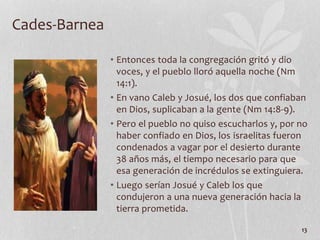 • Entonces toda la congregación gritó y dio
voces, y el pueblo lloró aquella noche (Nm
14:1).
• En vano Caleb y Josué, los dos que confiaban
en Dios, suplicaban a la gente (Nm 14:8-9).
• Pero el pueblo no quiso escucharlos y, por no
haber confiado en Dios, los israelitas fueron
condenados a vagar por el desierto durante
38 años más, el tiempo necesario para que
esa generación de incrédulos se extinguiera.
• Luego serían Josué y Caleb los que
condujeron a una nueva generación hacia la
tierra prometida.
13
Cades-Barnea
 