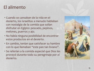• Cuando se cansaban de la vida en el
desierto, los israelitas a menudo hablaban
con nostalgia de la comida que solían
disfrutar en Egipto: pescado, pepinos,
melones, puerros y ajo.
• No había ninguna posibilidad de encontrar
estos productos en el desierto.
• En cambio, tenían que satisfacer su hambre
con lo que llamaban “este pan tan liviano”.
• Se referían a la comida especial que Dios les
proveyó durante todo su peregrinaje por el
desierto.
15
El alimento
 