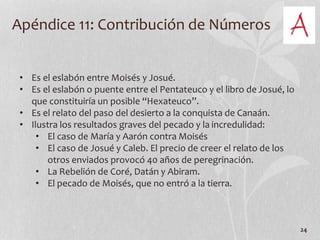 Apéndice 11: Contribución de Números
24
• Es el eslabón entre Moisés y Josué.
• Es el eslabón o puente entre el Pentateuco y el libro de Josué, lo
que constituiría un posible “Hexateuco”.
• Es el relato del paso del desierto a la conquista de Canaán.
• Ilustra los resultados graves del pecado y la incredulidad:
• El caso de María y Aarón contra Moisés
• El caso de Josué y Caleb. El precio de creer el relato de los
otros enviados provocó 40 años de peregrinación.
• La Rebelión de Coré, Datán y Abiram.
• El pecado de Moisés, que no entró a la tierra.
 
