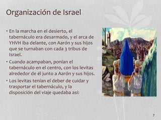 • En la marcha en el desierto, el
tabernáculo era desarmado, y el arca de
YHVH iba delante, con Aarón y sus hijos
que se turnaban con cada 3 tribus de
Israel.
• Cuando acampaban, ponían el
tabernáculo en el centro, con los levitas
alrededor de él junto a Aarón y sus hijos.
• Los levitas tenían el deber de cuidar y
trasportar el tabernáculo, y la
disposición del viaje quedaba así:
7
Organización de Israel
 