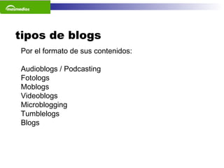 tipos de blogs Por el formato de sus contenidos: Audioblogs / Podcasting Fotologs Moblogs Videoblogs Microblogging Tumblelogs Blogs  